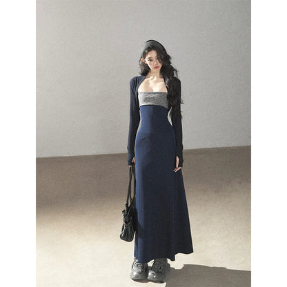 AOMALM - Iris Blue Two-Piece Dress Set – Strapless Maxi with Long Sleeve Cardigan