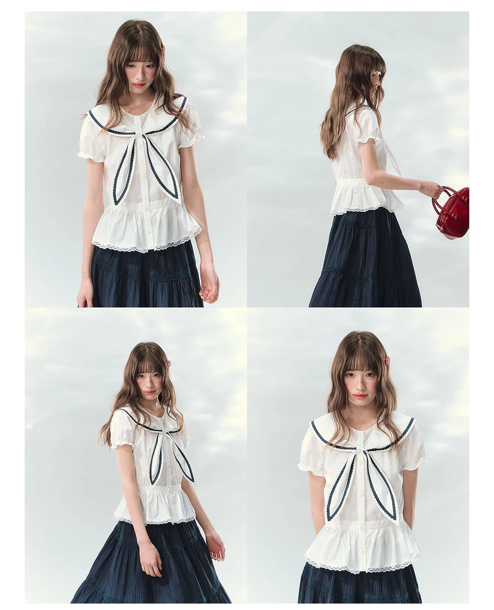 “Letter from Sea Isle” White & Navy Sailor Collar Blouse and Tiered Skirt Set