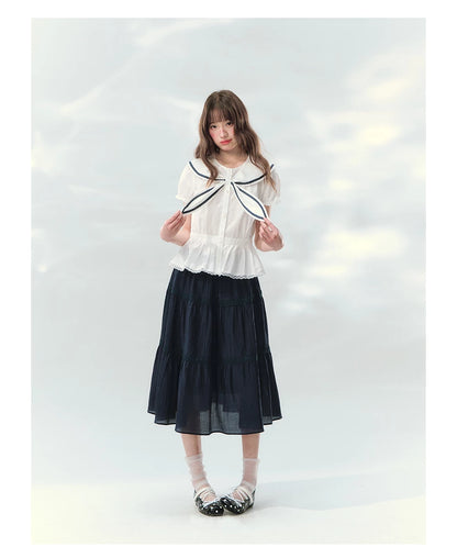 “Letter from Sea Isle” White & Navy Sailor Collar Blouse and Tiered Skirt Set