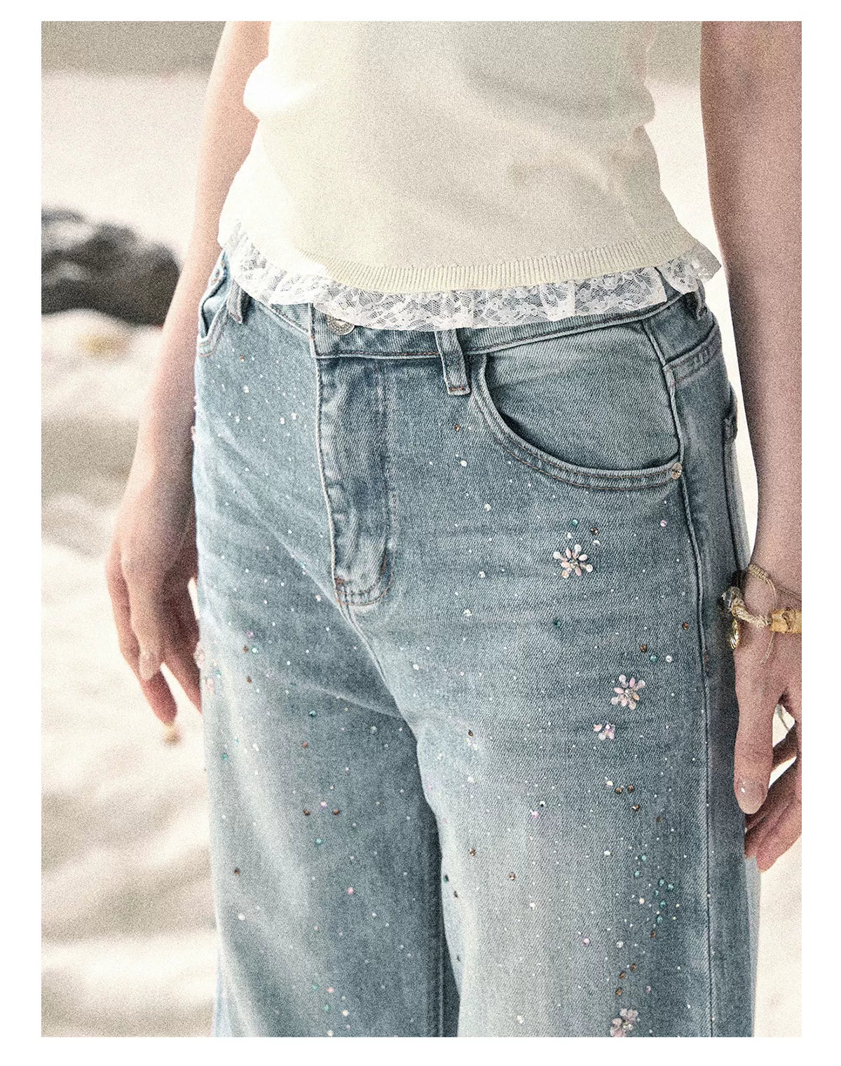 "Starlit River Shimmer" Distant Sky Blue Rhinestone Wide-Leg Jeans 65633