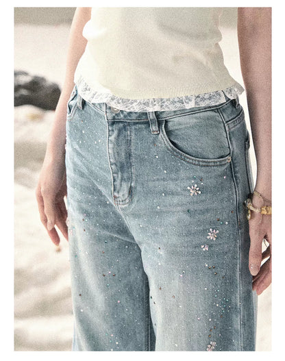"Starlit River Shimmer" Distant Sky Blue Rhinestone Wide-Leg Jeans 65633