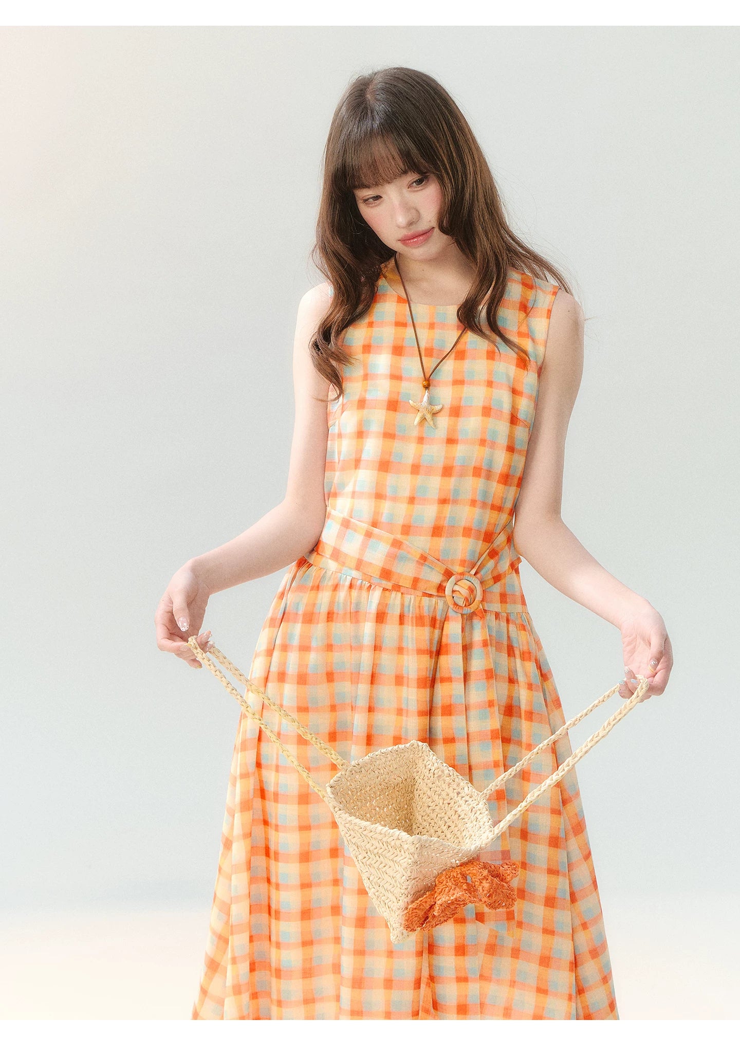 "Orange Sugar Cube" Tangerine Plaid Tie-Waist Sleeveless Dress SH2026201