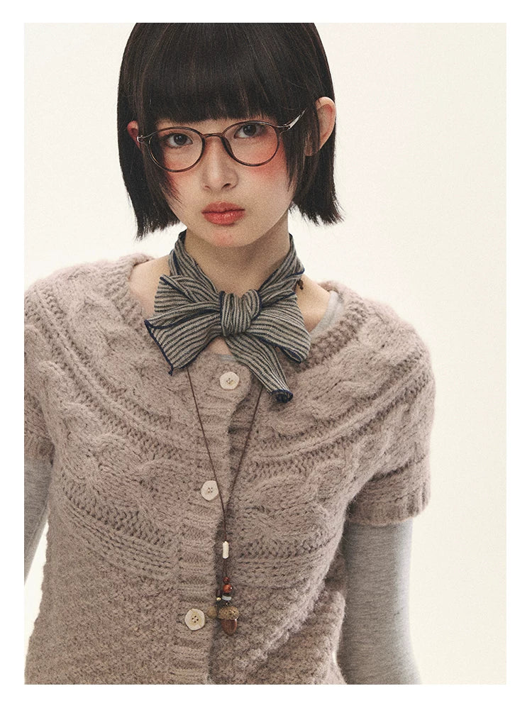 "Rice Knit" Wool-Blend Short Sleeve Knit Cardigan (Moss Coffee Green/ Dusk Dusty Pink)