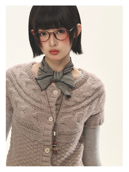 "Rice Knit" Wool-Blend Short Sleeve Knit Cardigan (Moss Coffee Green/ Dusk Dusty Pink)