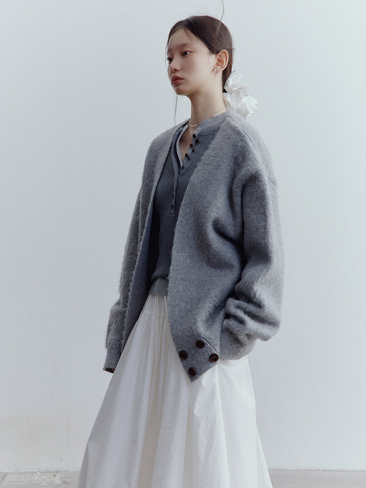 FUSSED Lazy Furry Mist Gray Wool & Mohair V-Neck Cardigan FOF-25SS177