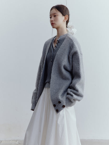FUSSED Lazy Furry Mist Gray Wool & Mohair V-Neck Cardigan FOF-25SS177
