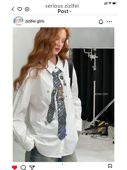 ZiziFei - White Oversized Shirt with Printed Tie Detail