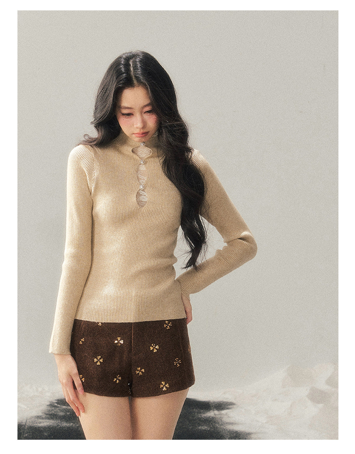 040126 "Lacewoven Dream" Mock Neck Layered Lace Knit Top - Cream Apricot