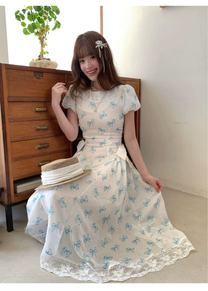 [RF] “Blue Butterfly Letter” Light Blue Floral Bow Midi Dress