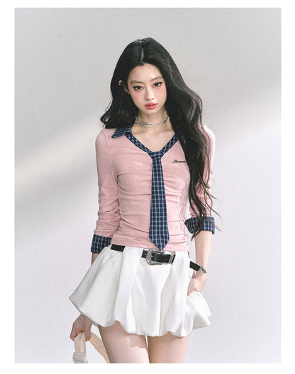 少也眼 "Han Gao Rolecard" Dual-Layer Illusion V-Neck Plaid Waist-Slimming Tee - Pink