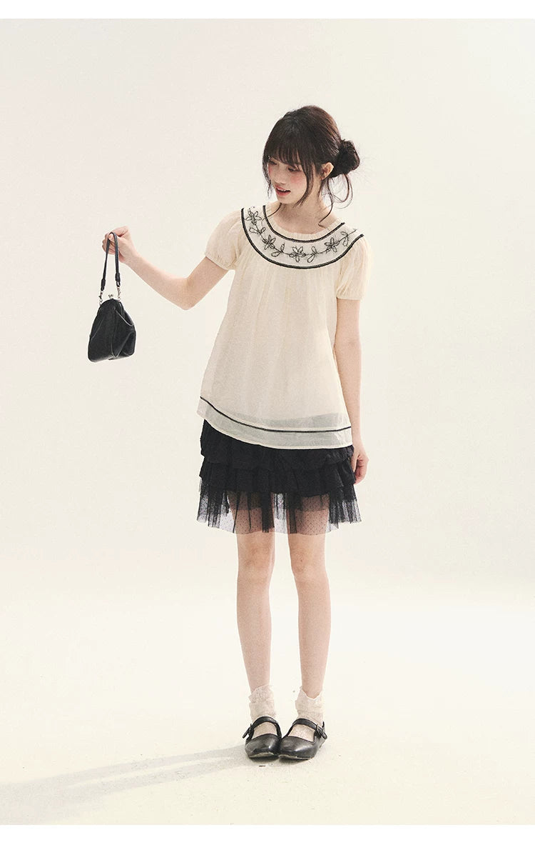 "Black & White Sonata" Polka Dot Mesh Tiered Jellyfish Skirt (White/ Black)
