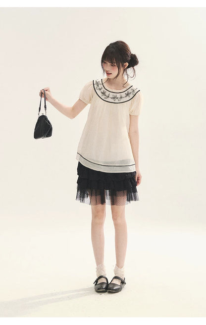 "Black & White Sonata" Polka Dot Mesh Tiered Jellyfish Skirt (White/ Black)