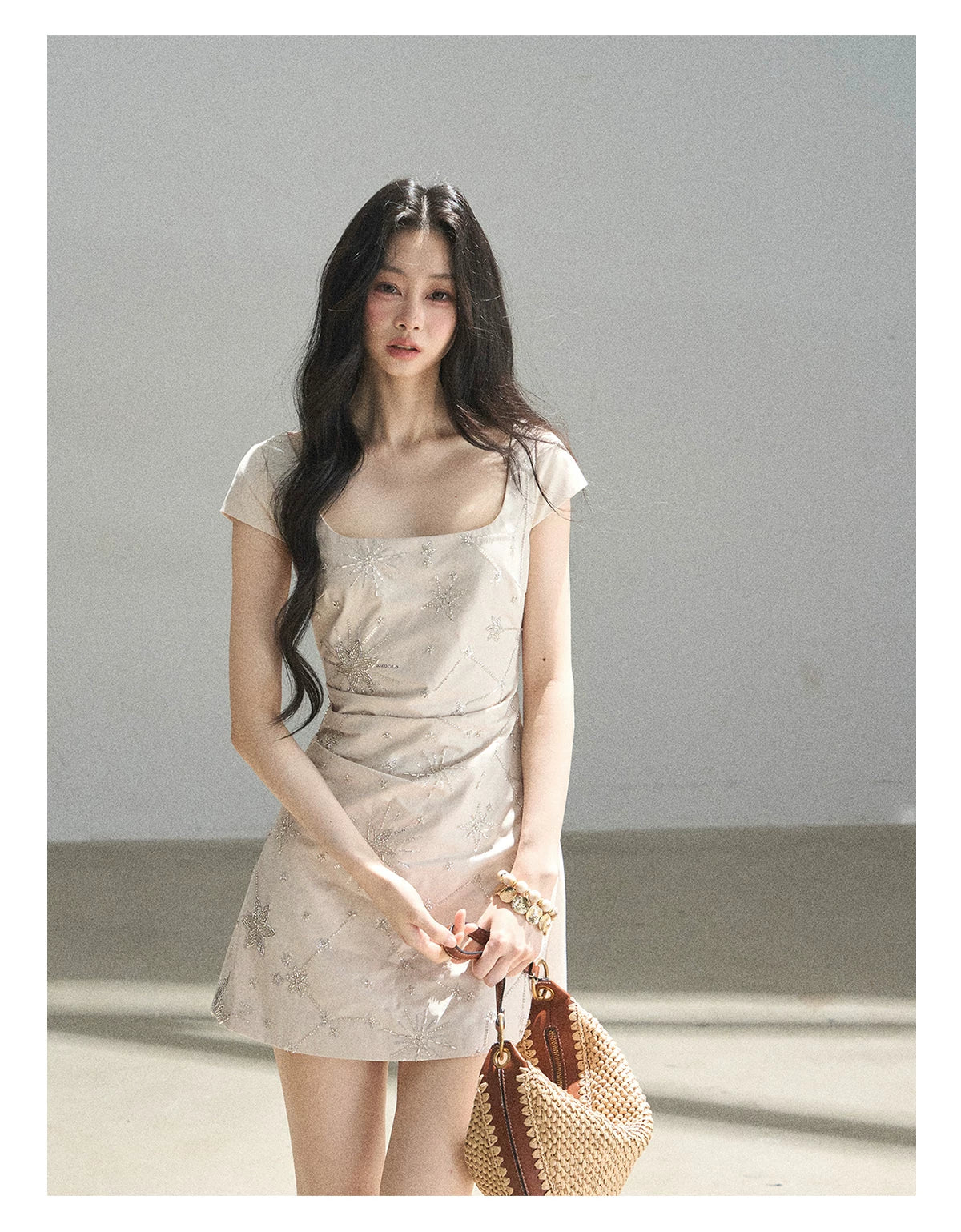 "Summer in Slow Motion" Mother-of-Pearl Star Beaded Fit & Flare Mini Dress