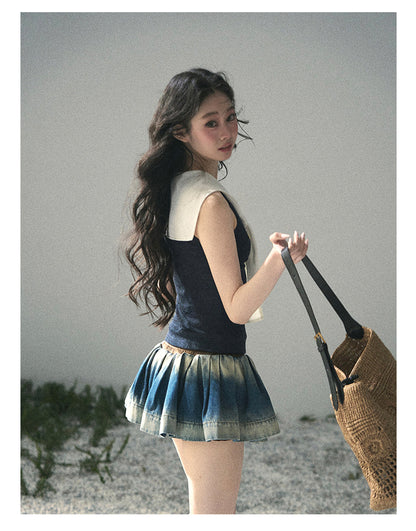 “Sea Breeze & Wheat Fields” Academy Blue Sailor Collar Top