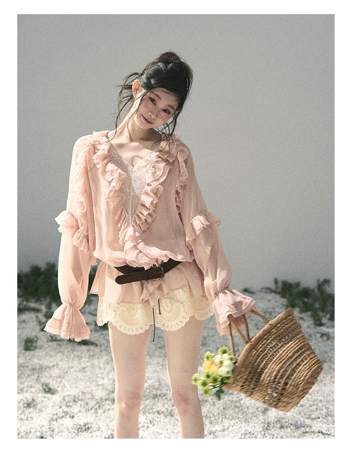 “Whispers of the Wind” Blush Pink Lace Chiffon Blouse (With Belt)