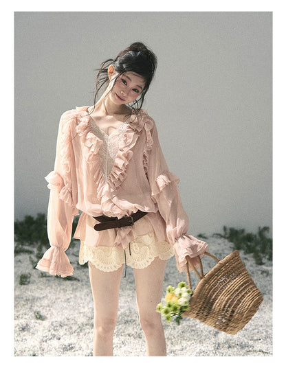 “Whispers of the Wind” Blush Pink Lace Chiffon Blouse (With Belt)