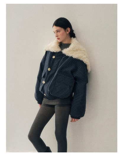少也眼 “Silent Indigo” Academy Blue Quilted Wool-Collar Jacket