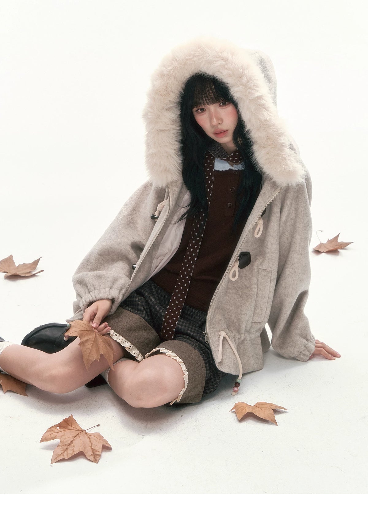 CAN - "Frosted Cloud Reverie" Beige Gray Detachable Faux-Fur Collar Wool-Blend Jacket