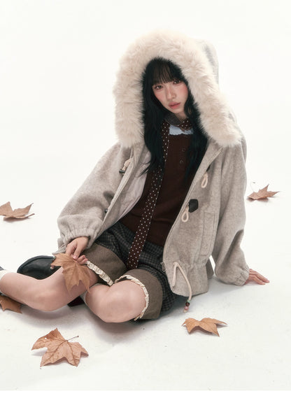 CAN - "Frosted Cloud Reverie" Beige Gray Detachable Faux-Fur Collar Wool-Blend Jacket