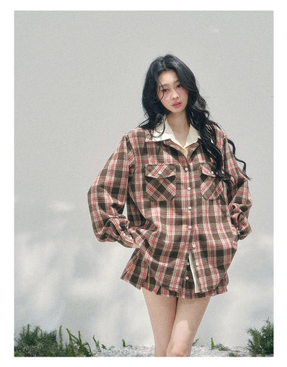 “Café Daydream” British Plaid Shirt & Mini Skirt Set