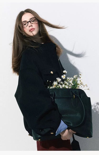 OAKMOO/ "Plum Blossom Mood" Classic Black Wool-Blend Harrington Jacket