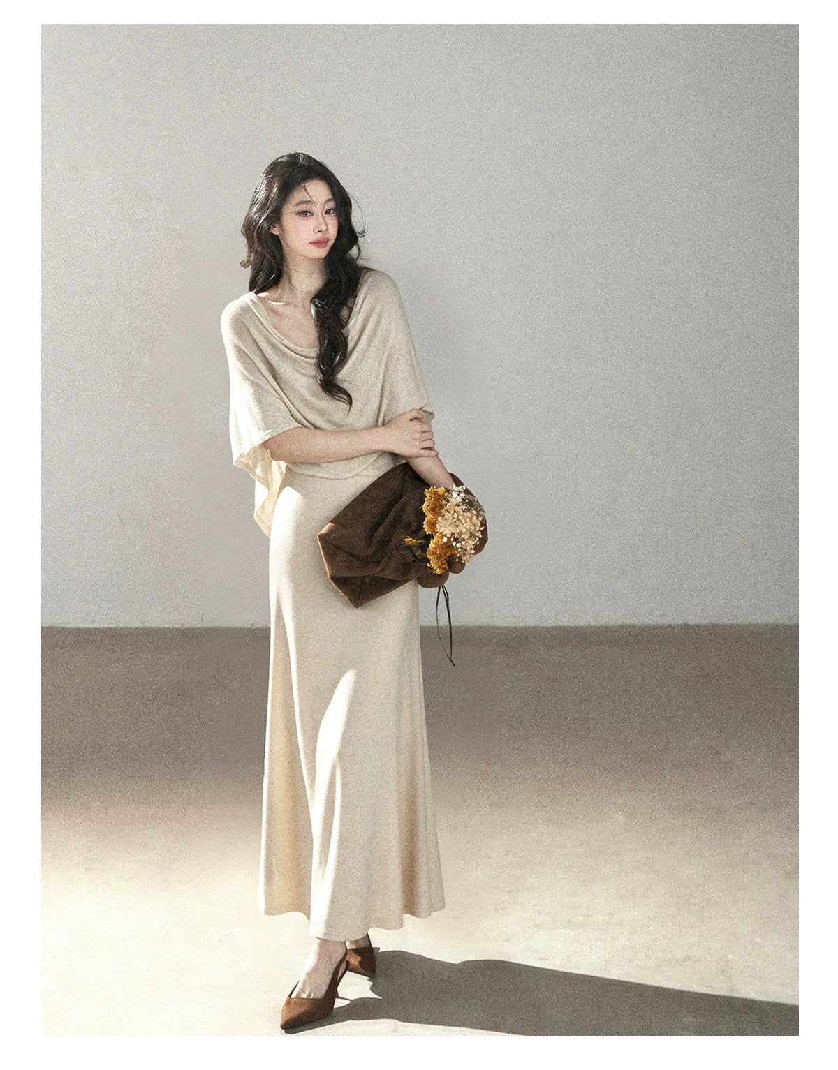 AOMALM - French-Inspired Two-Piece Maxi Dress Set with Layered Cape Overlay
