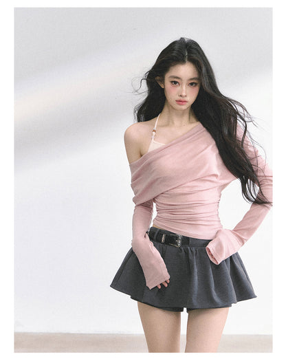 少也眼 "Soft Whisper" Korean Asymmetric Dual-Layer Off-Shoulder Top - Pink