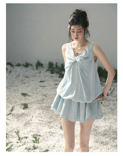 “Whispering Grass” Moonlight Blue Twist Mini Dress