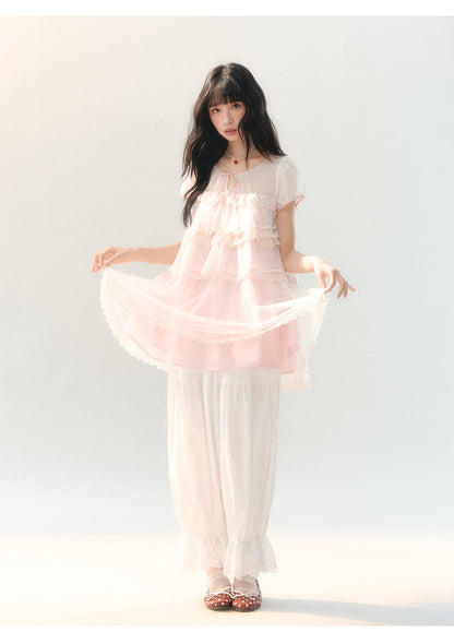 [CAN] "Peach Mist Sorbet" Pink Lace Chiffon Dress Set