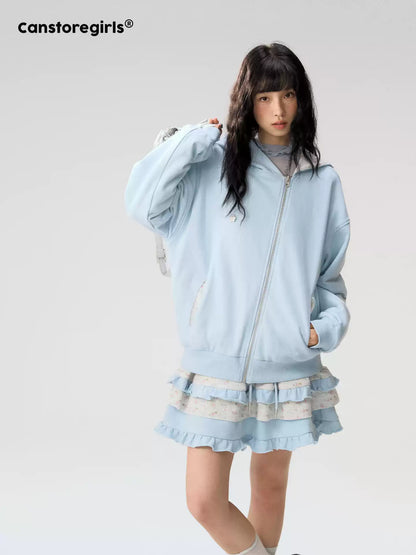 [CAN] "Misty Blue Floral Reverie" Light Blue Floral Set (Reversible Jacket / Sweatpants / Tiered Skirt)