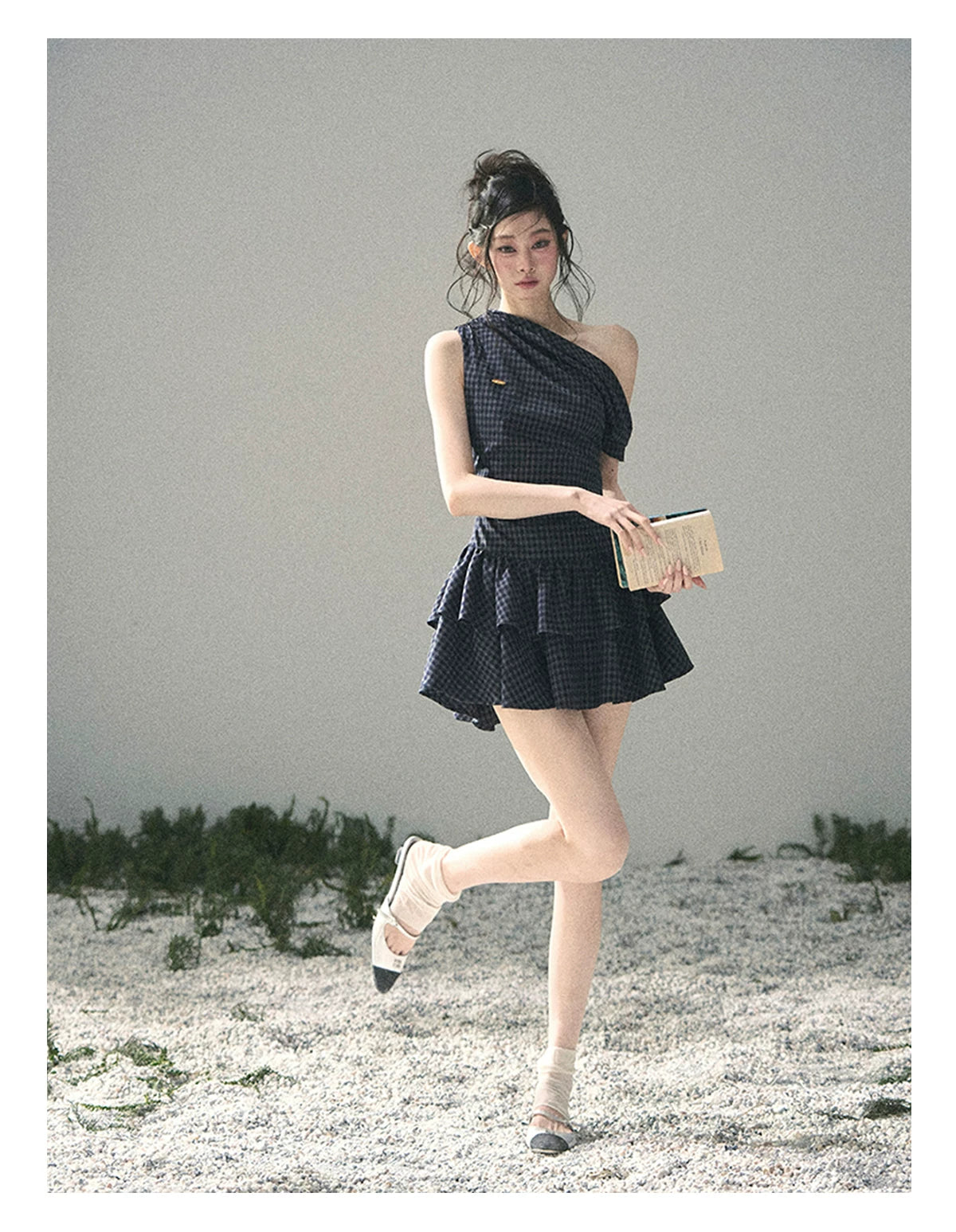 "Moonlit Bellflower Reverie" Navy Plaid One-Shoulder Mini Dress 567474