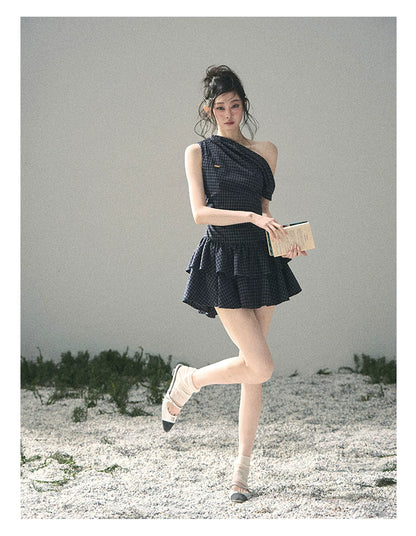 "Moonlit Bellflower Reverie" Navy Plaid One-Shoulder Mini Dress 567474