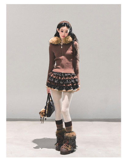 少也眼 “Sunset Left Behind” Knit Sweater Hoodie with Detachable Fur Trim 143685435