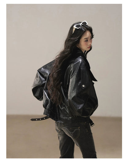 AOMALM - "Solo Journey" Quiet Black Oversized PU Moto Jacket