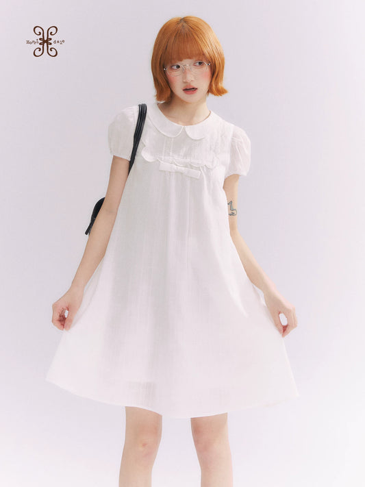 “Lace Sleep Song” White Embroidered Puff Sleeve Babydoll Dress