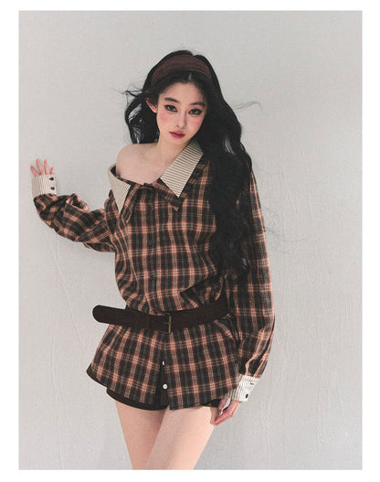 少也眼 “The Street She Passed” Off-Shoulder Plaid Shirt with Belt - Mocha Brown 45368364