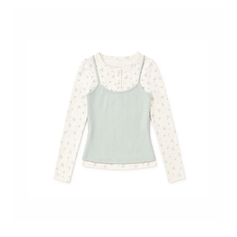 DAILY ARTIST - Mint Green Floral Layered Henley Lace Top