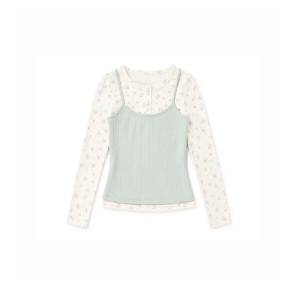 DAILY ARTIST - Mint Green Floral Layered Henley Lace Top