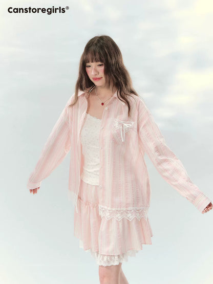 “Pink Mist Love Letter” Pink Stripe Lace Skirt Set LL2026161