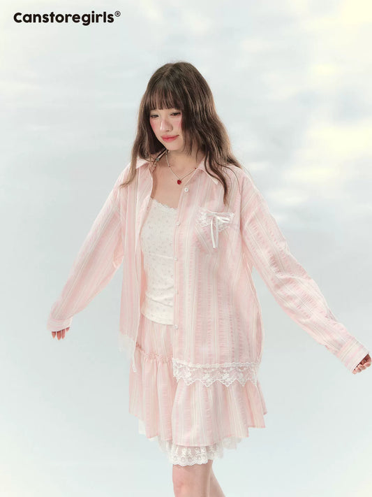 “Pink Mist Love Letter” Pink Stripe Lace Skirt Set LL2026161