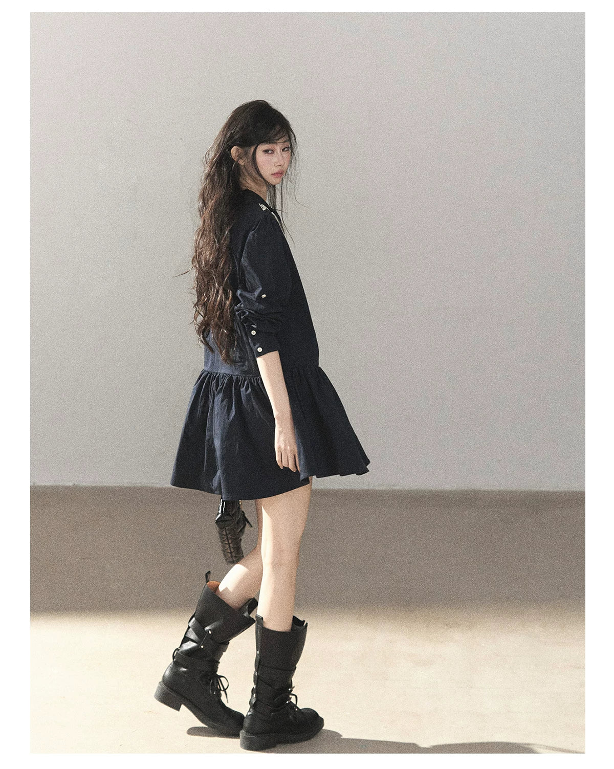 AOMALM - Navy French-Inspired Lace Shirt Mini Dress with Convertible Sleeves