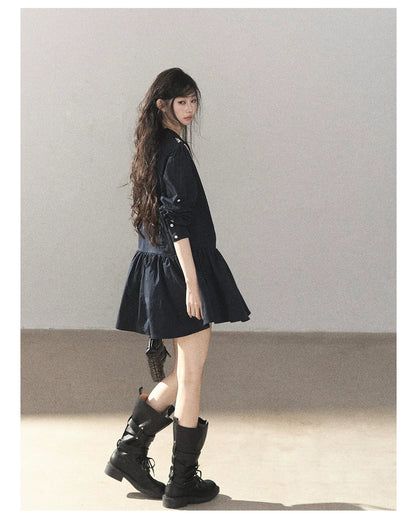 AOMALM - Navy French-Inspired Lace Shirt Mini Dress with Convertible Sleeves