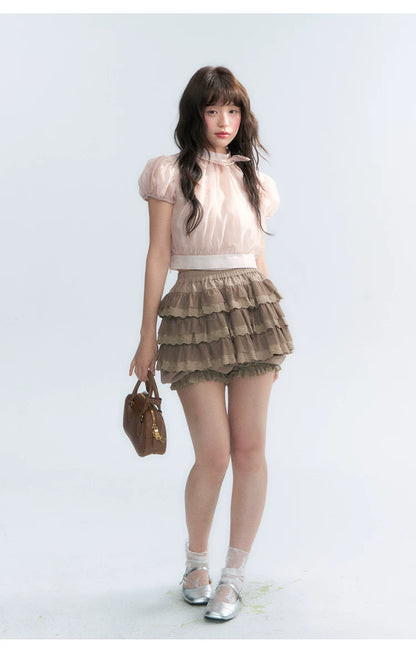 Vintage Stand Collar Bow Puff Sleeve Waist-Cinching Blouse with Knit Cami Set