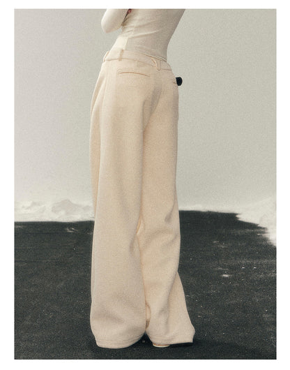 少也眼 “She Passes Through Winter” Fleece-Lined Wide-Leg Trousers with Belt Detail - Mother-of-Pearl Beige
