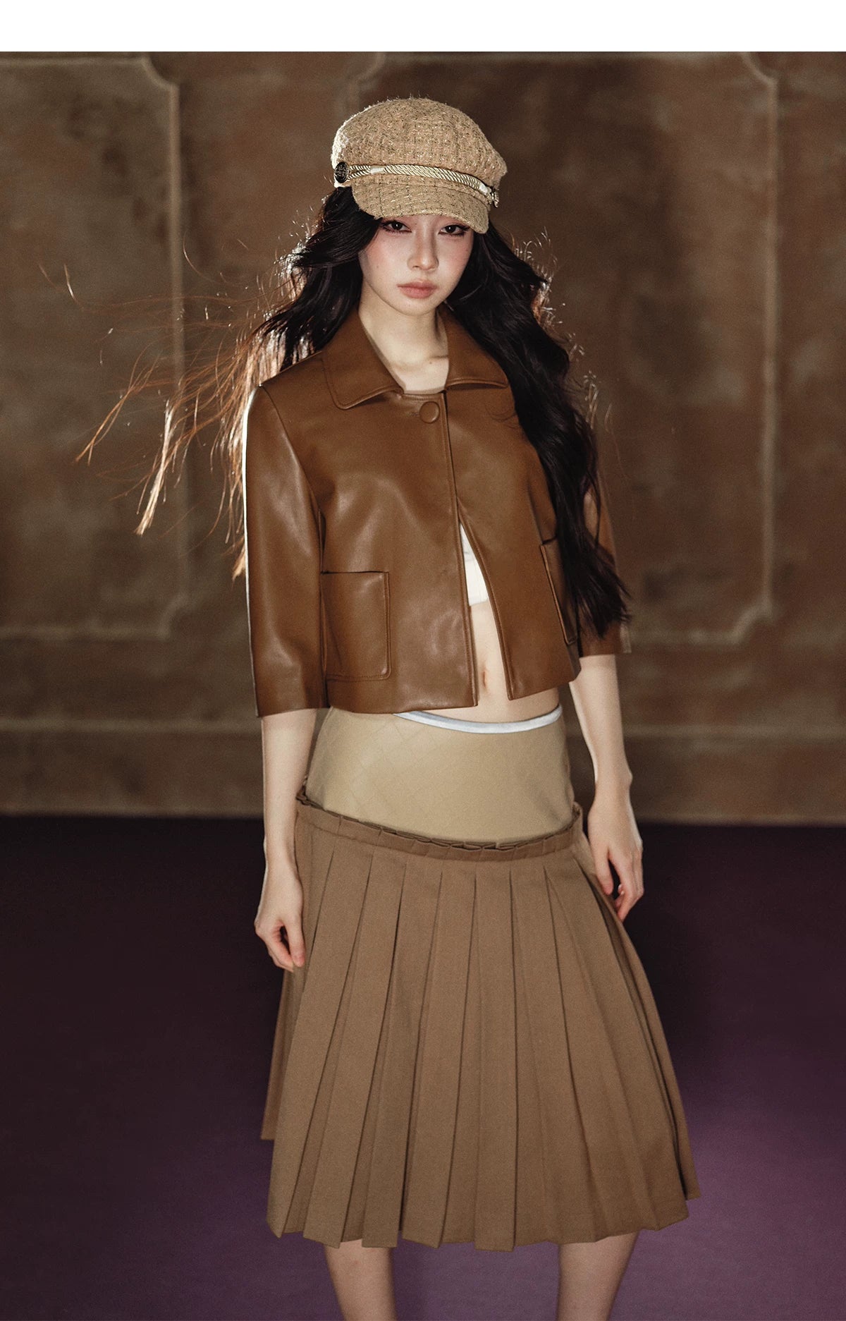 "Scholarly Muse" Khaki Faux Leather Jacket & Mixed-Media Pleated A-Line Skirt Set