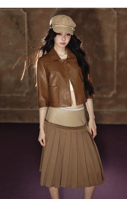 "Scholarly Muse" Khaki Faux Leather Jacket & Mixed-Media Pleated A-Line Skirt Set