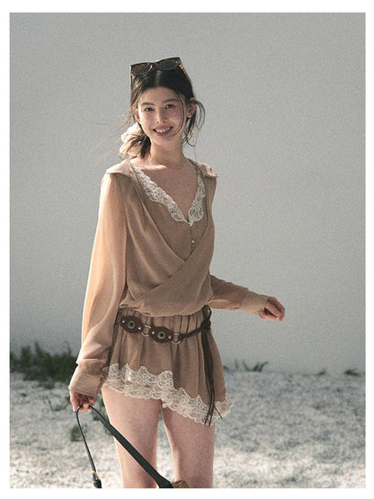 少也眼 “Hidden in the Evening Breeze” Cheese Yellow Faux Two-Piece Chiffon Dress 146