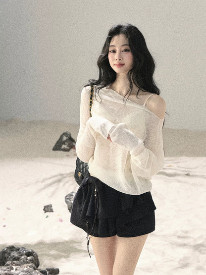 "Misty Veil Whisper" Holland Cheese Off-Shoulder Sheer Sun Protection Top 5345634