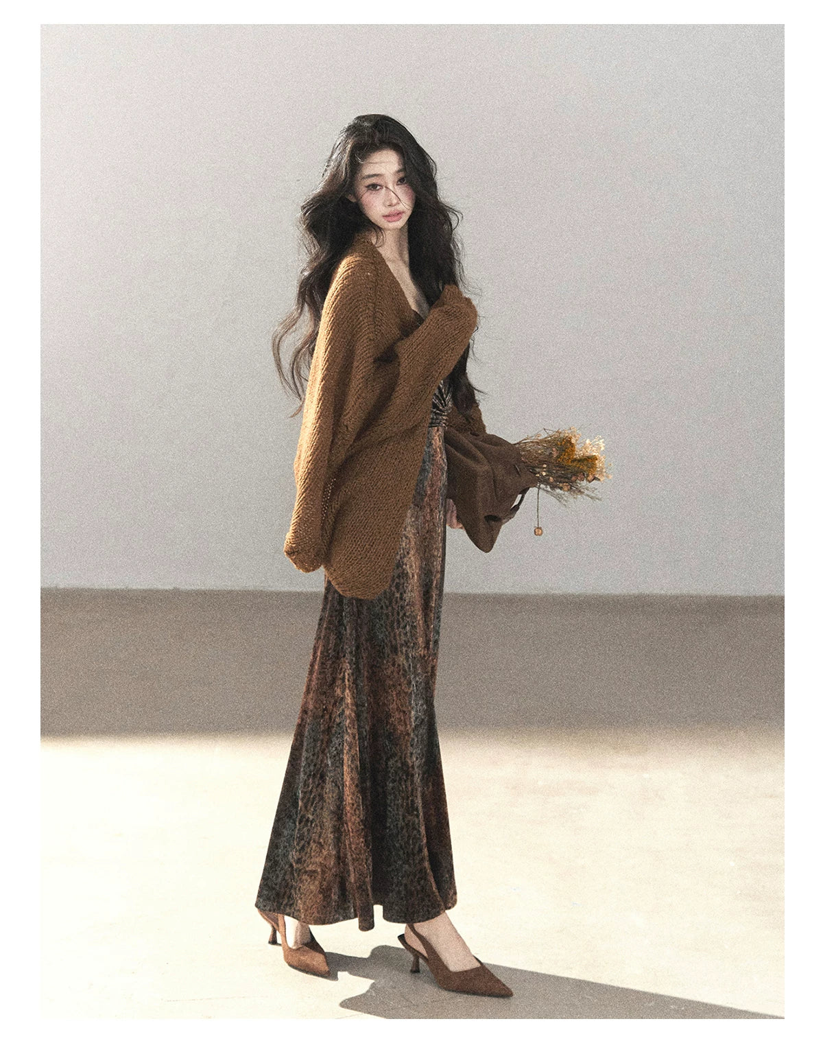 AOMALM - "Draped in Wild Wind" Cocoa Brown Leopard Flocked Bias-Cut Mermaid Maxi Dress (With Matching Hair Tie)