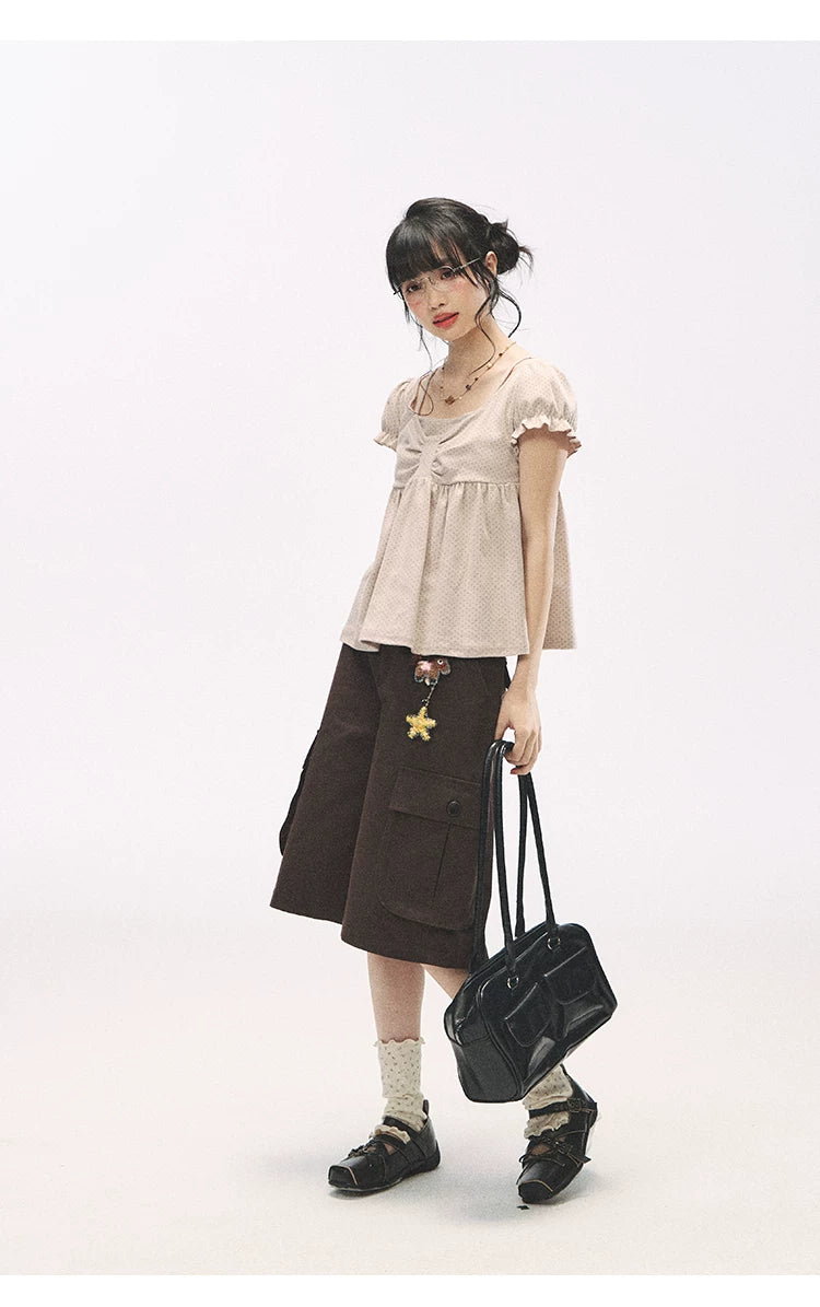 "Sweetheart Crew" Polka Dot Faux Two-Piece Bow Knit Short Sleeve Top